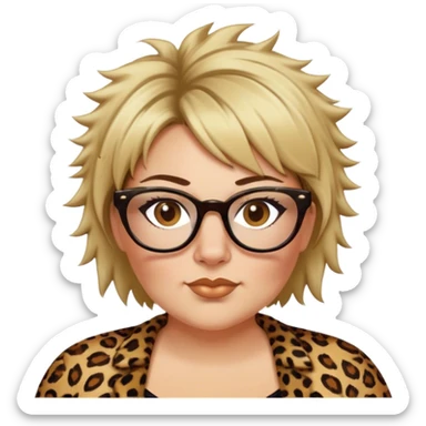  plus size white women dressed in leopard with short medium brown and blonde shaggy spiked hair wearing glasses with hazel color eyes and wide flat nose sticker