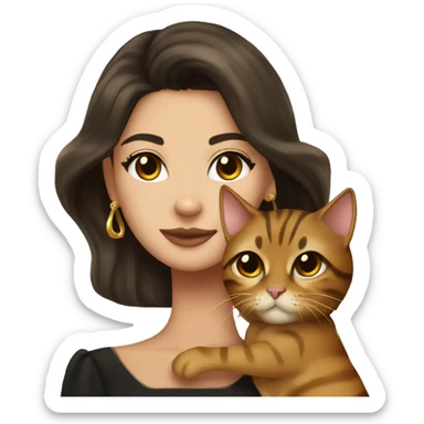 Beautiful skinny woman long dark brown hair in dark dress with gold earrings hug bengal cat sticker