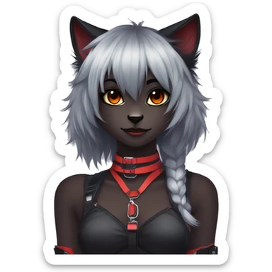 Anthro Edgy Cool Beautiful Black Cat-Fursona with Emo Hair-bangs with Red Streaks Chest Harness sticker
