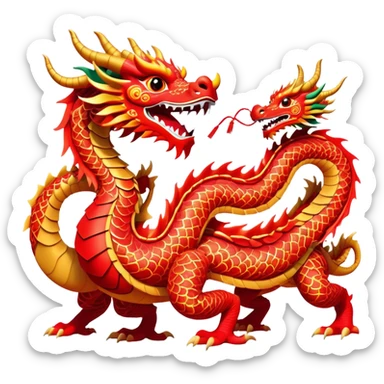 Cinematic Realistic scene of two performers guiding an elaborately designed dragon costume during a Dragon Dance, with vivid traditional patterns and dynamic motion, set under festive, red-tinged lighting sticker