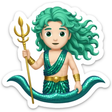 Neptune from Roman Deities with long sea green wavy hair, sea green sequin toga sticker