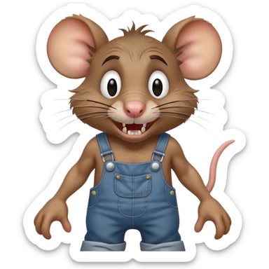  disheveled dizzy cartoon hillbilly rat wearing overalls no shirt. standing and talking full body. human eyes. teeth showing talking. walking talking moving arms. angry expression sticker
