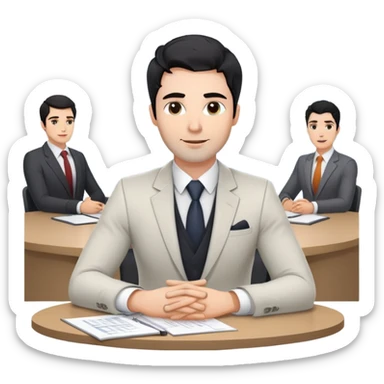 Professional 35-year-old business consultant with black wavy hair, stubble, strong jawline, white skin tone, wearing smart casual business attire, sitting at a table with clients, gesturing confidently while explaining a business strategy sticker
