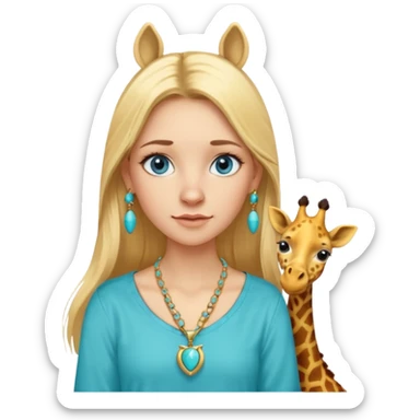 Swedish girl blonde long straigt hair blue eyes turqoise shirt gold earings girrafe necklace gold small sticker