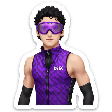 male athlete with white skin and moderately curly black hair on top with shaved sides, wearing ski goggles with purple frames and very dark black lenses, a simple plain black chain necklace, and a completely unzipped sleeveless vest with purple and black sequin fire pattern design with no logo or brand emblem, fully revealing his chest, shoulders and arms, no earrings sticker