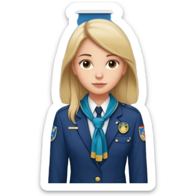 Reception Young girl, straight hair, wearing uniform jacket with hotel name badge, tasteful scarf, stand behind the desk

 sticker
