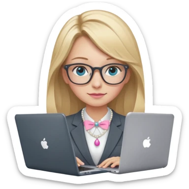 Please take the girl with laptop emoji and make her glassess light brown, her eyes ocean blue and her nose a bit smaller and pointier and she has blonde very long hair and a dark grey suit and pearls necklace, and has a laptop in fron of her and a tiny pink bow on the left side of her head sticker