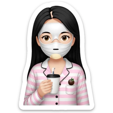 chica de pelo lacio color negro cabellera larga piyama blanca con rayas rosa claras peo no tan claras no oscuras el bordado es negro al igual que los botones )tiene una mascarilla para la carablanca y sostiene y cafe con bolitas nedras al dondo con unsorbete tranparente y es de test blanca  sticker