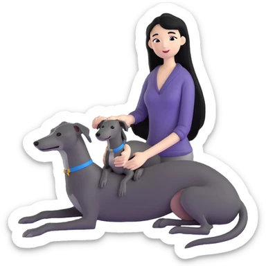 Very thin Chinese woman with long black hair relaxing in a luxurious hotel suite with exactly ONE whippet dog. EXTREME IMPORTANCE: the whippet must be ONE SOLID VERY DARK CHARCOAL GREY COLOR from nose to tail with ABSOLUTELY NO WHITE MARKINGS anywhere - NO white on face, NO white on muzzle, NO white on chest, NO white on paws, NO white on tail - NOTHING BUT A SINGLE SHADE OF VERY DARK GREY throughout the entire animal sticker