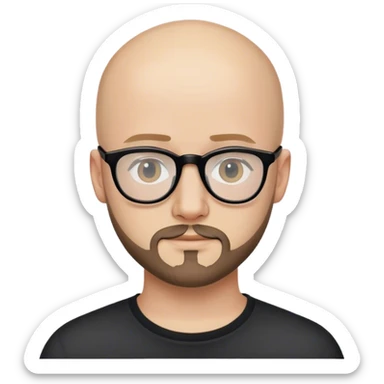 emoji-style illustration** of a bald man 21 years old named with a subtle beard and stylish black normal glasses. 
 sticker