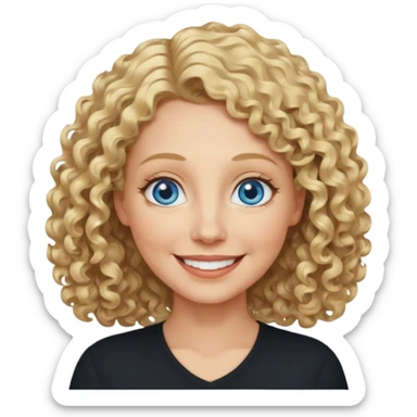 Middle aged woman with blonde curly shoulder-length hair, big blue eyes, wide smile, black shirt sticker