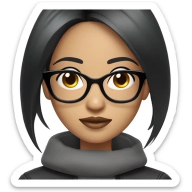 Beautiful girl with black straight hair just below the shoulder in black small glasses with long eyelashes sticker