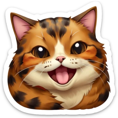 Cinematic Cute Yawning Tortoiseshell Cat Portrait Emoji, Head slightly tilted with a wide, adorable yawn and half-closed, dreamy eyes, featuring a warm, mottled fur of rich browns and blacks, simplified yet irresistibly cute, highly detailed, glowing with a soft, slumbering radiance, high shine, exuding a relaxed, drowsy charm, styled with a gentle, soft glowing outline, capturing the essence of a tortoiseshell cat in a precious moment of sleepy delight! sticker