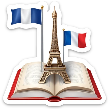 An icon featuring the Eiffel Tower and the flag of France, symbolizing the French language. The design includes an open book, representing language learning and cultural elegance. Transparent background highlights the beauty of French heritage. sticker