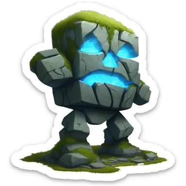 A massive stone golem made of rocky slabs and glowing energy veins, with moss covering parts of its body, standing tall with glowing blue cracks. sticker