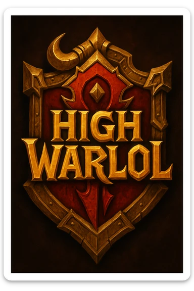 fantasy badge or emblem inspired by World of Warcraft, featuring the title 'High Warlol' in a bold, epic style, with ornate gold and red elements, reminiscent of Horde insignia, dramatic lighting, sense of power and humor sticker