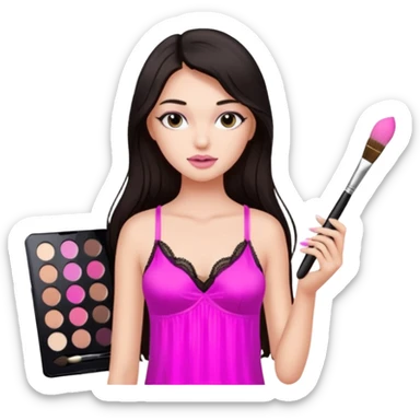 Dark long hair girl wearing pink victorias secret sleepwear that looks like a tank top with lace is holding a normal makeup brush. sticker