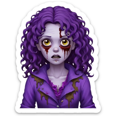 Zombie woman with curly, dark brown long hair (not thick or voluminous) wearing a ruined purple outfit.  sticker