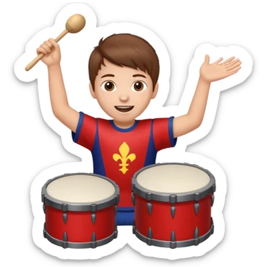 A young boy wearing team colors, banging a small drum excitedly. sticker