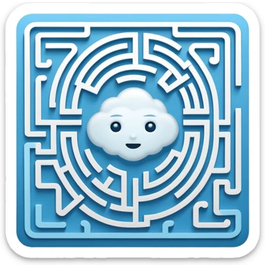 An icon of a face-down card. The card's back features a minimalist labyrinth/maze pattern in light blue on a dark blue background. The maze paths subtly connect to form the shape of a cloud in the center. Simple, geometric, for a small app icon. sticker