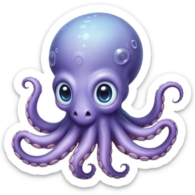 Meme-Worthy Floating Baby Octopus Portrait Emoji, Drifting gracefully in the water with soft, curled tentacles and a dreamy, weightless posture, showcasing a smooth, rounded light blue-purple body with mesmerizingly large, gentle eyes gazing into the abyss, Simplified yet poetically expressive features, highly detailed, glowing with a soft, celestial marine glow, high shine, quiet and mystical, stylized with an air of deep-sea serenity, soft glowing outline, capturing the essence of a tiny, peaceful cephalopod floating endlessly in the infinite beauty of the ocean depths! sticker