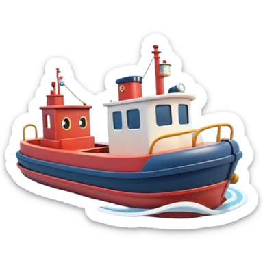 A 3D cartoon tugboat towing another boat on calm blue water, soft waves, clear sky, Memoji-style. sticker