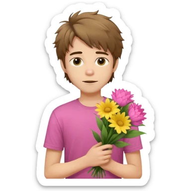 generate an ios genmoji of a 20 year old fair boy with brown long and messy hair with stubble on cheeks. carrying a pink flower bouquet, wearing a yellow tshirt, looking shy sticker
