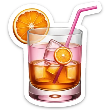 Pink drink in a whiskey glass with an orange slice sticker