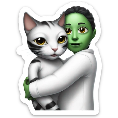 Reptilian alien woman meditation in white pajamas, hugs a black white cat sticker