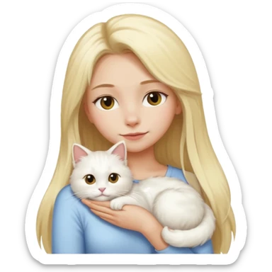 a girl with long blonde hair and a white fluffy cat resting on her left shoulder, emoji style sticker