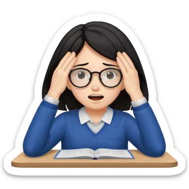 A dark-haired student panics during an exam, covering her face with her hands and not knowing what to do. sticker