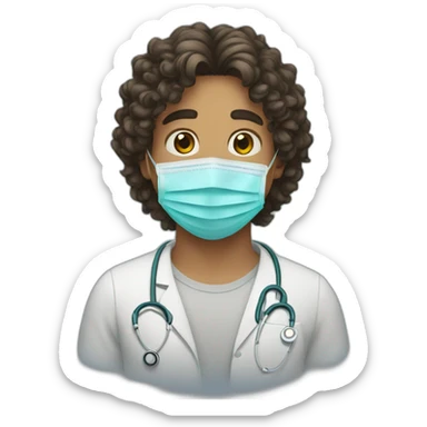 A young man with long, curly hair wearing a medical mask sticker