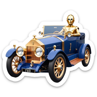 dark blue led lights C-3PO 1927 delicately inlaid rose gold wood barrel accents Scrooge McDuck’s Rolls Royce efficiently powered by futuristic electric motors and dynamos with wide racing wheels that are strong agility advanced suspension and steering sticker