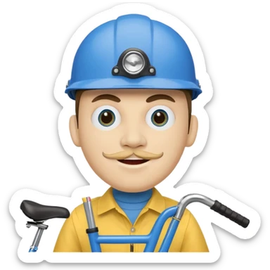 A round head puppet with 2 buck teeth a blue bike helmet and a round nose with a pencil in it also he has a unibrow and blue eyes and a yellow shirt that says jeffy sticker