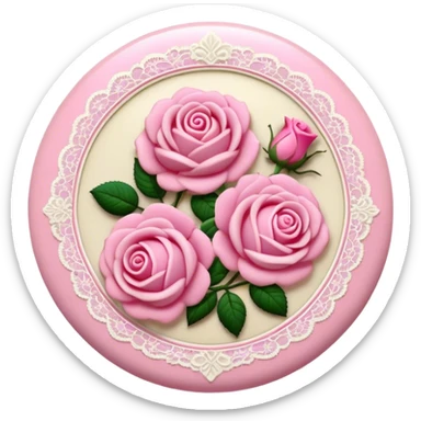A round pink button with light cream damask lace and pink roses sticker
