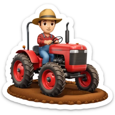 A 3D cartoon red tractor in a farmland setting, with plowed soil and crops in the background, smooth reflections, detailed tires, warm daylight, Memoji-style realism. sticker