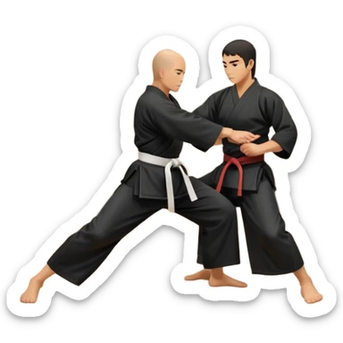 An icon depicting a martial artist in a black gi performing an Aikido technique in a dojo. The background showcases wooden floors, traditional dojo decor, and soft lighting that creates a peaceful yet focused atmosphere. The Aikido practitioner demonstrates fluid movement and precision.  sticker