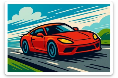 a sports car quickly moving on asphalt road, motion lines, stylized, cartoon-like appearance, shiny red color sticker