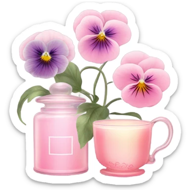 A cozy aesthetic: a pink candle in a glass jar, pastel pink pansies, a vintage perfume bottle, and a cup of steaming tea. sticker