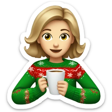 Light brown short haired girl with green eyes drinking coffee wearing Christmas sweater sticker