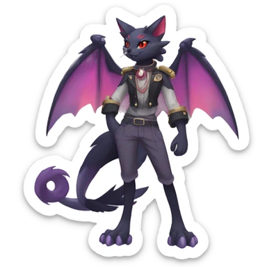 cool anthro kawaii black purple red ethereal fantasy beautiful elegant nargacuga-Noivern-cat-Fakemon wearing a collar, cargo pants, full body sticker