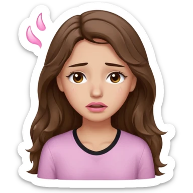girl with wavy long brown hair, brown eyes, light to medium complexion, long lashes, light pink lipstick, wearing light pink shirt, weeping with big tears sticker