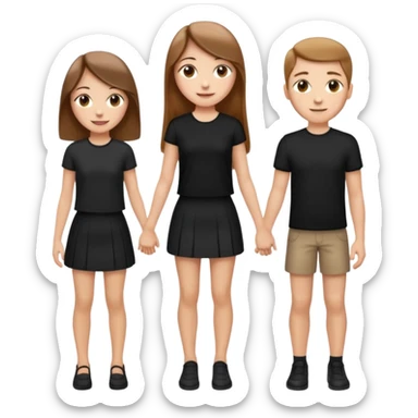 emoji of a girl with long, straight light brown hair, fair skin, soft brown eyes. Wearing a stylish black top and mini skirt. Full-height, standing confidently with shoulders back, head up, smiling proudly. Surrounded by 3men and one woman next to her, holding hands. sticker