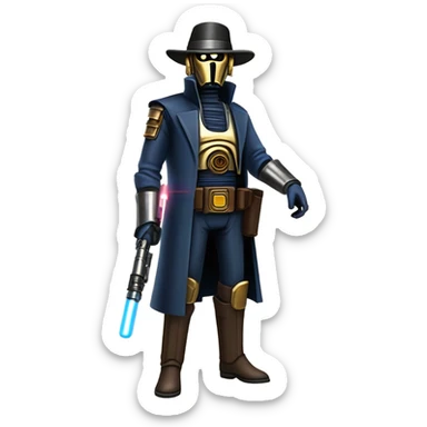 mean bounty hunter tarnished undercover tough well-equipped Jedi life-sized darkblue-pearl C3po leather vest clothing pants and vest old west duster coat holding light saber sheriff holstered gun hat floating sticker