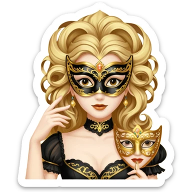 A woman in an ornate gold masquerade mask and elegant outfit, holding the mask delicately. sticker
