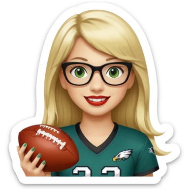 full length women wearing eagles uniform, long blonde hair, bangs, green eyes, black glasses, holding football, number 33, smiling, lipstick sticker