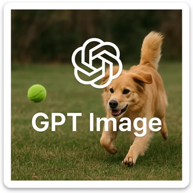 logo of chat gpt with text "GPT Image" on the background of a dog chasing ball, realistic image sticker