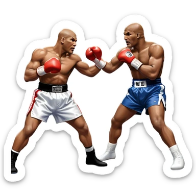 An intense boxing match between Mike Tyson and Evander Holyfield in the ring. Tyson is delivering a powerful uppercut, while Holyfield is poised for a counterattack. The background features a packed arena with bright lights and electrifying atmosphere. Transparent background sticker