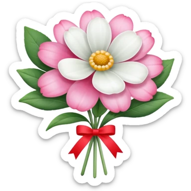 One pink flower and one white flower in transparent bouquet with red band  sticker