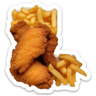 3 chicken tenders with crinkle fries and orange sauce on the side in a styrofoam container styrofoam container sticker
